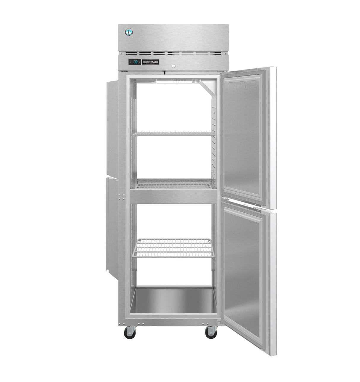 A commercial Steelheart Series Refrigerator on wheels with two open doors reveals three metal wire shelves inside; the upper and lower compartments are separated by a panel, and the digital control panel is visible at the top front.