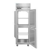 A commercial Steelheart Series Refrigerator on wheels with two open doors reveals three metal wire shelves inside; the upper and lower compartments are separated by a panel, and the digital control panel is visible at the top front.