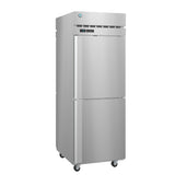 A tall Steelheart Series Refrigerator with two doors, digital display, ventilation slots at the top, and four caster wheels offers sleek, functional design—ideal for restaurant or industrial kitchen use.