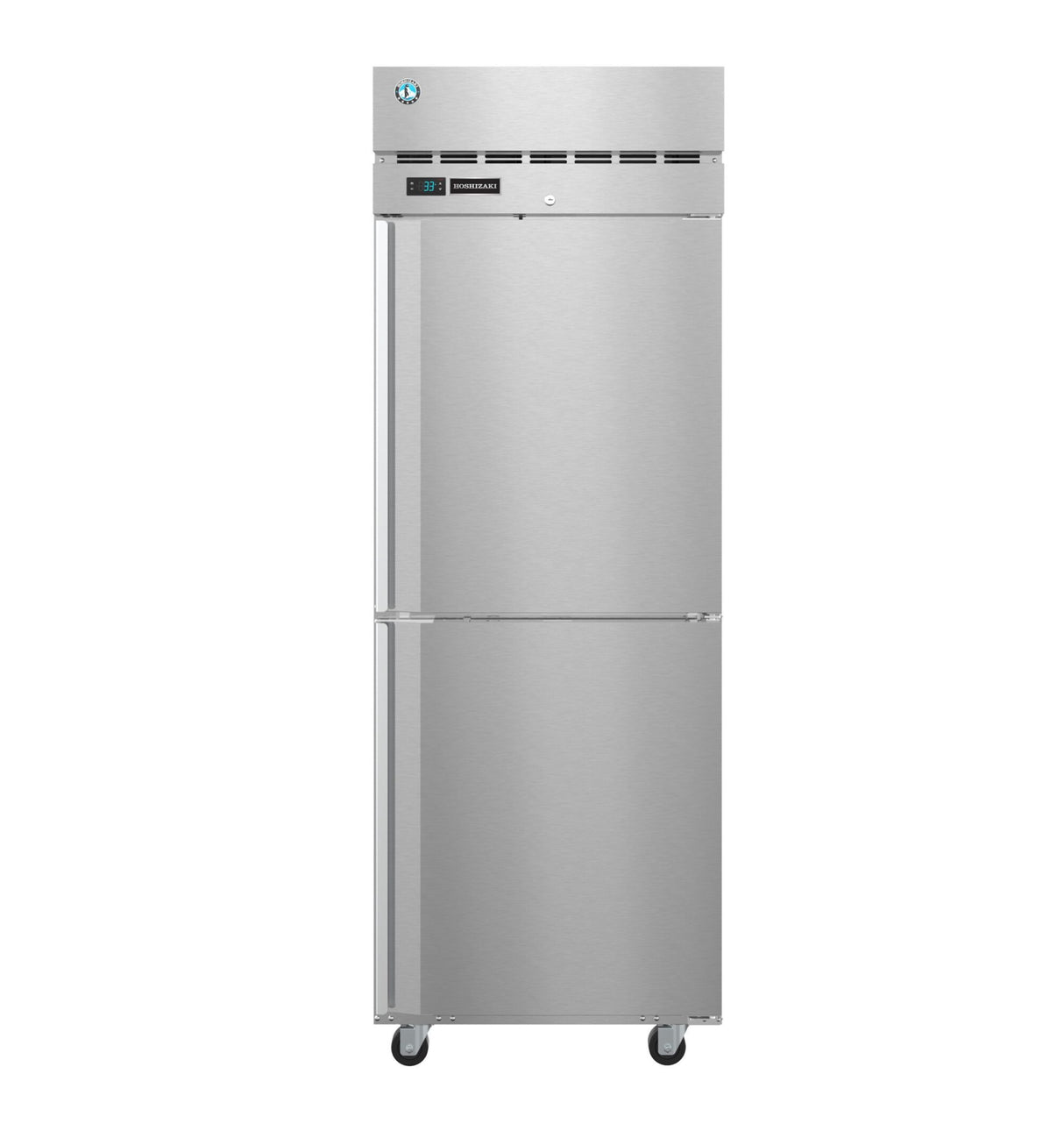 A tall Steelheart Series Refrigerator with two vertical doors and ventilation slots at the top stands on four wheels. An electronic temperature display and control panel are visible near the top section of this stainless steel refrigerator.