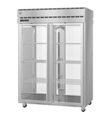 A Steelheart Series commercial glass door refrigerator with two tall, clear doors and metal handles. It features adjustable wire shelves, caster wheels, and a digital control panel with vent above the doors—ideal as a pass-thru refrigerator.