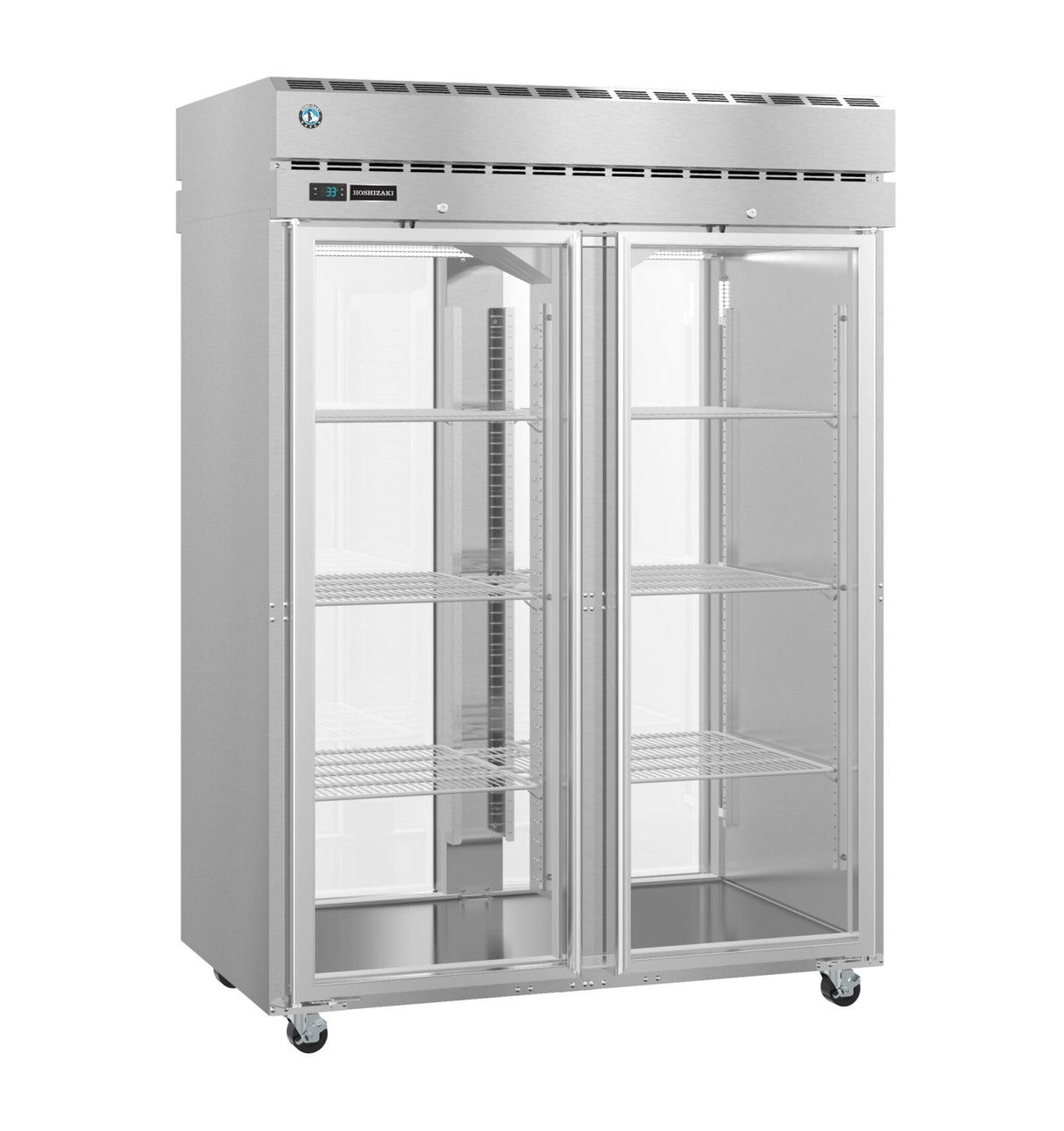 A Steelheart Series commercial glass door refrigerator with two glass doors, four wire shelves per section, and ventilation grilles on top. The unit is on caster wheels for mobility and includes a digital temperature display above the right door.