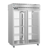 A Steelheart Series commercial glass door refrigerator with two glass doors, four wire shelves per section, and ventilation grilles on top. The unit is on caster wheels for mobility and includes a digital temperature display above the right door.