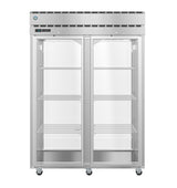 A Steelheart Series commercial glass door refrigerator with two tall transparent doors, five metal wire shelves, and wheels for easy mobility. Features a vent panel at the top and a digital display on the upper left.