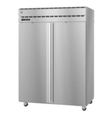 A large, commercial Steelheart Series Refrigerator features double doors, a vented top, digital display, and four wheels for mobility. The smooth, reflective stainless steel refrigerator surface gives the unit a new and clean appearance.