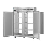 A large, stainless steel Steelheart Series Refrigerator with double doors open, revealing empty wire shelves inside. The unit is on wheels with a vented top section, perfect as a pass-thru refrigerator for any restaurant or industrial kitchen. Background is plain white.