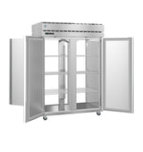 A large Steelheart Series Refrigerator with double doors open reveals multiple adjustable wire shelves. This commercial stainless steel refrigerator is on wheels, featuring a digital temperature control panel and a spotless metallic interior and exterior.