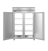 A large Steelheart Series stainless steel refrigerator with both doors open reveals four metal wire shelves inside. The empty pass-thru refrigerator stands on wheels, with a control panel and vented area above the doors.
