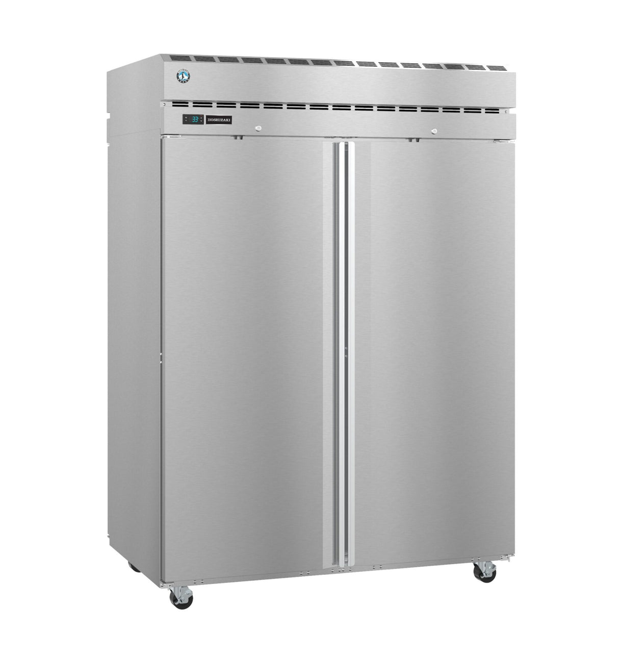 A large, stainless steel Steelheart Series Refrigerator with double doors, vertical handles, a digital display, top ventilation grille, and four caster wheels. Its clean surface reflects light, making this pass-thru refrigerator ideal for any commercial kitchen.