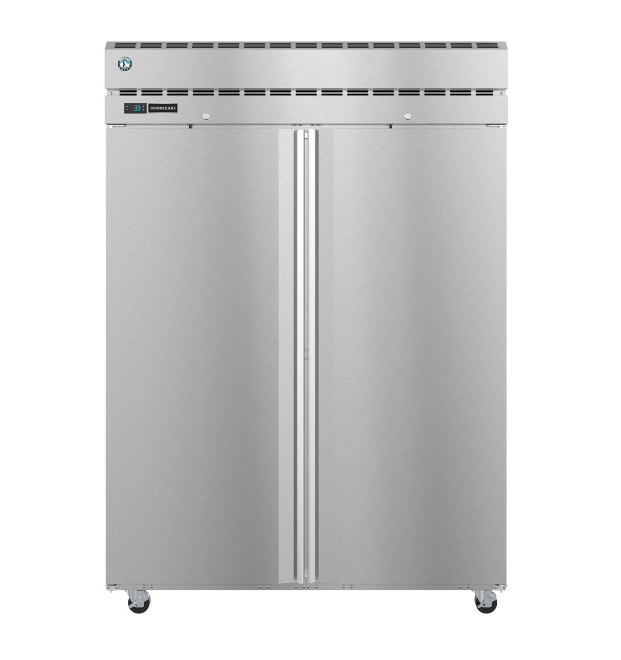 A Steelheart Series Refrigerator stands on small caster wheels. This commercial stainless steel refrigerator features vertical handles, a vented top panel, and a digital display on the upper left, all with a smooth, metallic finish.