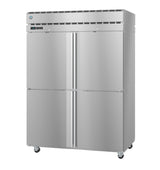 A commercial Hoshizaki refrigerator with four doors, two on top and two on the bottom. It features small wheels for mobility, a digital display panel, and a modern industrial design—ideal for professional kitchens.