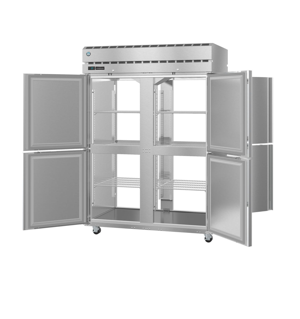 A large Hoshizaki Steelheart Series Refrigerator with four open doors reveals multiple adjustable wire shelves. This industrial stainless steel pass-thru refrigerator is on wheels, has a top vented control panel, and a spacious, empty interior for commercial use.