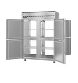 A large Hoshizaki Steelheart Series Refrigerator with four open doors reveals multiple adjustable wire shelves. This industrial stainless steel pass-thru refrigerator is on wheels, has a top vented control panel, and a spacious, empty interior for commercial use.