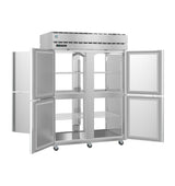A large Hoshizaki refrigerator with four open doors reveals empty wire shelves inside. This sleek, industrial unit is on wheels and features a control panel on top, showcasing the clean design typical of the Steelheart Series Refrigerator.