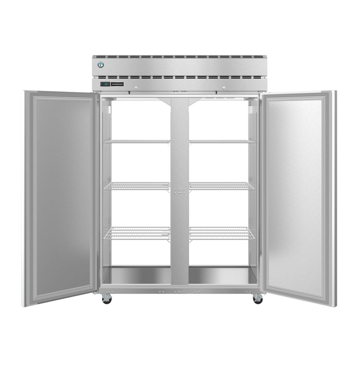 A commercial Steelheart Series stainless steel refrigerator with both doors open, revealing four adjustable wire shelves inside. The unit features a top-mounted control panel, ventilation, and sits on caster wheels for mobility. The interior is empty.