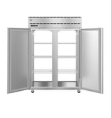 A commercial Steelheart Series stainless steel refrigerator with both doors open, revealing four adjustable wire shelves inside. The unit features a top-mounted control panel, ventilation, and sits on caster wheels for mobility. The interior is empty.