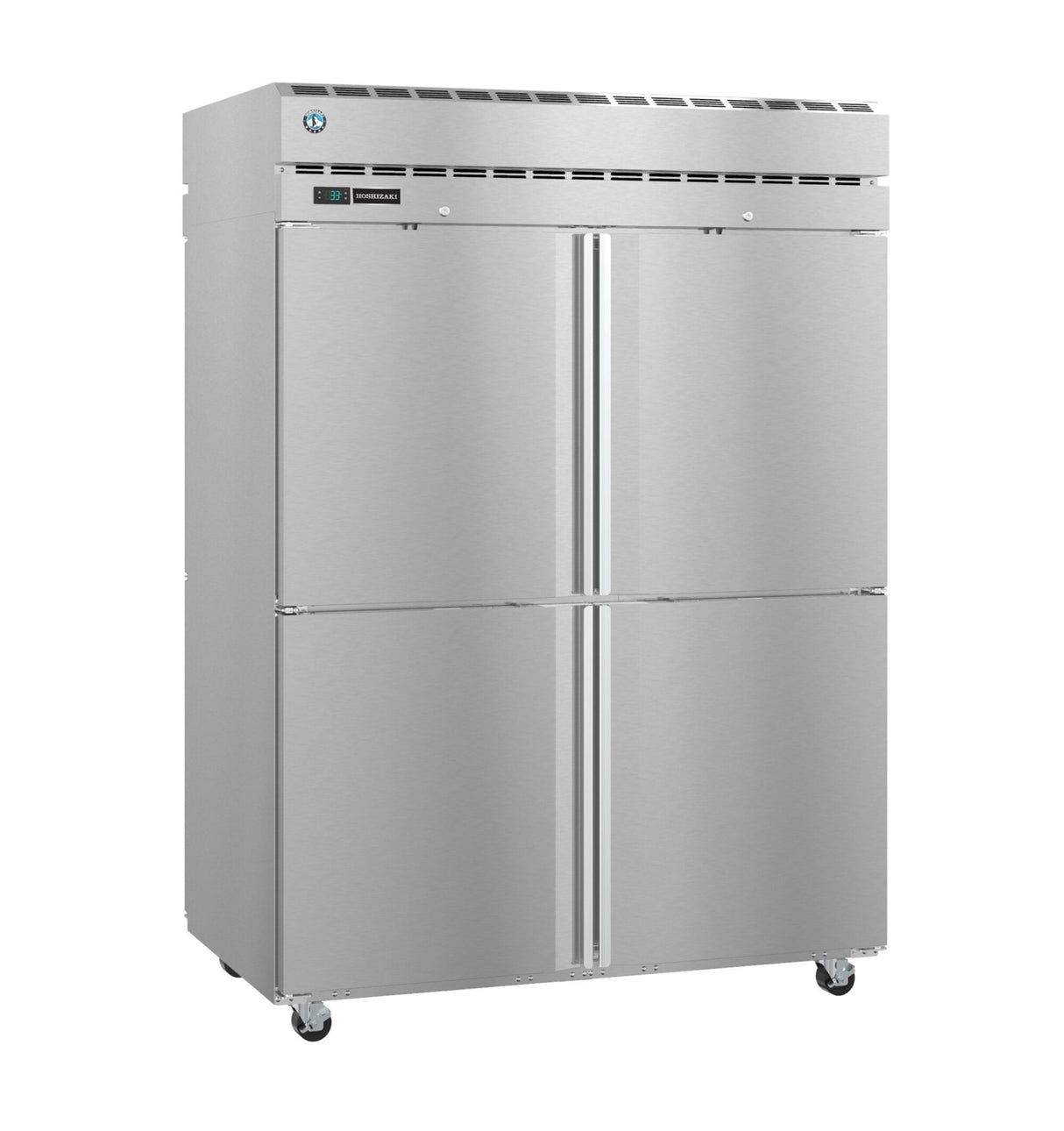 A large Hoshizaki refrigerator with four doors, part of the Steelheart Series Refrigerator line, sits on four small wheels. The upper section features vents and a digital control display on the left. The smooth metallic surface enhances its sleek look.