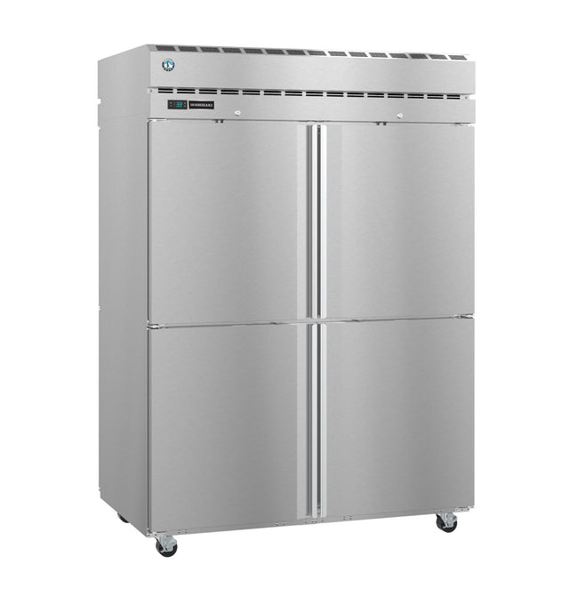 A large Hoshizaki refrigerator with four doors, part of the Steelheart Series Refrigerator line, sits on four small wheels. The upper section features vents and a digital control display on the left. The smooth metallic surface enhances its sleek look.