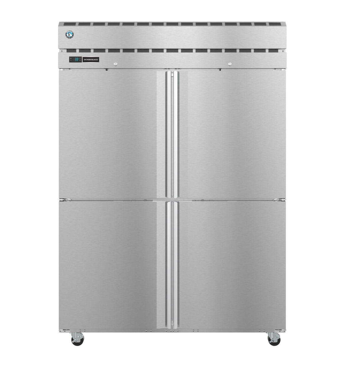 A large Steelheart Series Refrigerator with four doors, digital display, and top ventilation panel. This stainless steel refrigerator stands on caster wheels with a sleek metallic finish, ideal for industrial kitchens or restaurants.