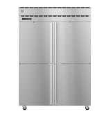 A large Steelheart Series Refrigerator with four doors, digital display, and top ventilation panel. This stainless steel refrigerator stands on caster wheels with a sleek metallic finish, ideal for industrial kitchens or restaurants.