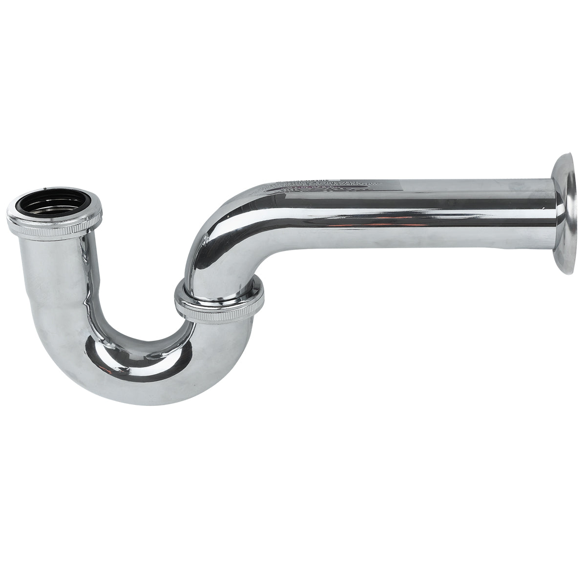 A shiny, 22-gauge chrome plated p-trap with a curved U-shape and threaded IPS drain connection, designed to fit under a sink; photographed against a plain white background.