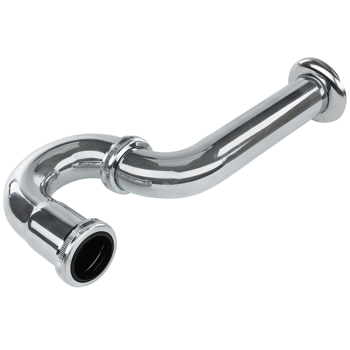 A shiny 22-gauge chrome plated p-trap pipe with a curved U-bend and two threaded connectors, designed for plumbing under sinks with an IPS drain connection to prevent sewer gases from entering buildings. Smooth, reflective finish.