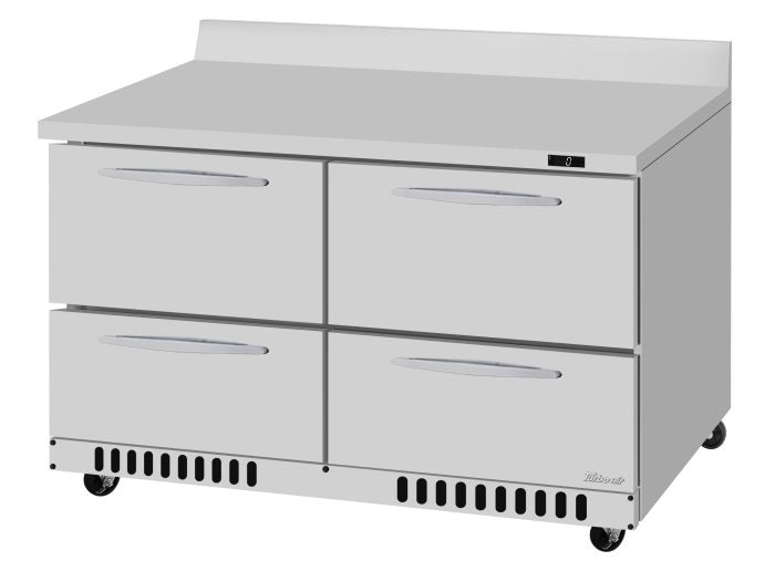 A commercial stainless steel refrigerator with four horizontal drawers and sleek handles. Featuring a flat worktop, short backsplash, small wheels, and bottom-front ventilation slots, it boasts a self-cleaning condenser for easy maintenance.