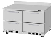 A commercial stainless steel refrigerator with four horizontal drawers and sleek handles. Featuring a flat worktop, short backsplash, small wheels, and bottom-front ventilation slots, it boasts a self-cleaning condenser for easy maintenance.
