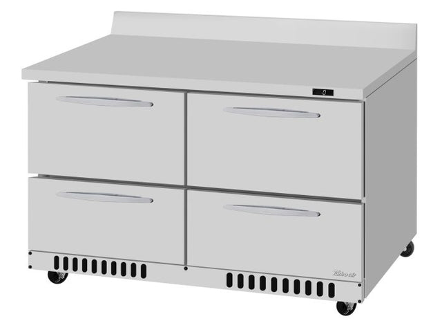 A commercial stainless steel refrigerator with four horizontal drawers and sleek handles. Featuring a flat worktop, short backsplash, small wheels, and bottom-front ventilation slots, it boasts a self-cleaning condenser for easy maintenance.