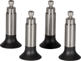 Four stainless steel adjustable furniture legs with black rubber bases are evenly spaced on a plain white background. Each leg features a visible screw at the top for height adjustment, offering modern, functional Hobart 6115 leg extension solutions.