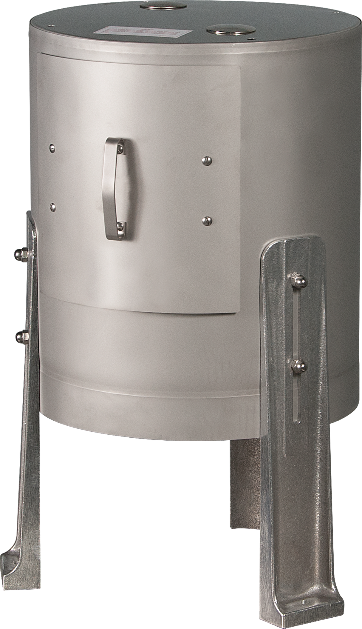 A cylindrical metal device with a flat, round lid and a side handle, supported by angled metallic legs. The smooth, silver-colored surface resembles a Hobart stainless steel strainer, and it features a small rectangular door on the front.