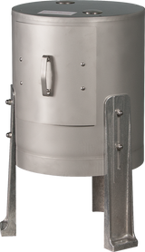 A cylindrical metal device with a flat, round lid and a side handle, supported by angled metallic legs. The smooth, silver-colored surface resembles a Hobart stainless steel strainer, and it features a small rectangular door on the front.