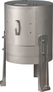 A cylindrical metal device with a flat, round lid and a side handle, supported by angled metallic legs. The smooth, silver-colored surface resembles a Hobart stainless steel strainer, and it features a small rectangular door on the front.