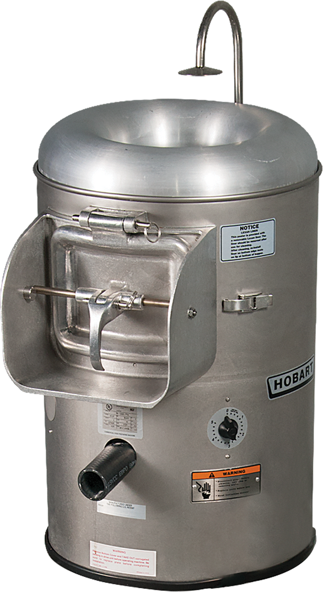The portable Hobart 6115-1 Vegetable Peeler is a stainless steel commercial machine with a rounded top, side door with handle, control dial, safety labels, water spout above, and a bottom discharge chute. Its upright design is perfect for industrial kitchens.
