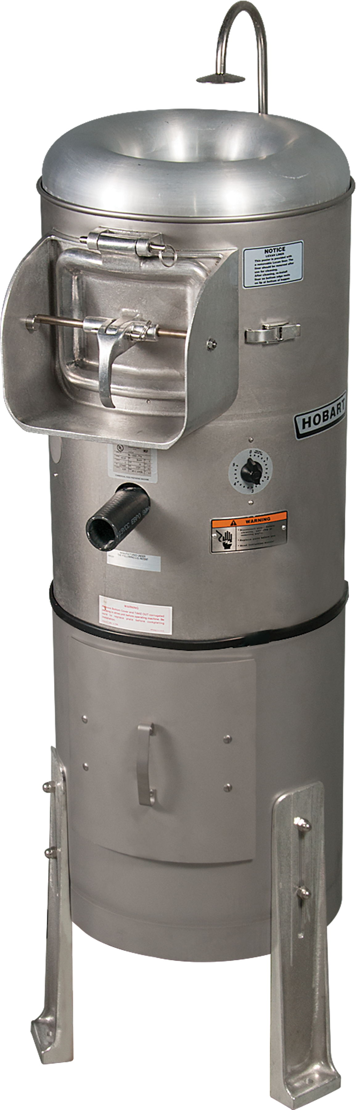 A commercial stainless steel Hobart potato peeler machine with a round basin, cabinet base, faucet, open front panel revealing the peeling chamber, control labels, sturdy metal legs, warning stickers, a drain spout, and a stainless steel strainer.