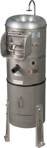 A commercial stainless steel Hobart potato peeler machine with a round basin, cabinet base, faucet, open front panel revealing the peeling chamber, control labels, sturdy metal legs, warning stickers, a drain spout, and a stainless steel strainer.