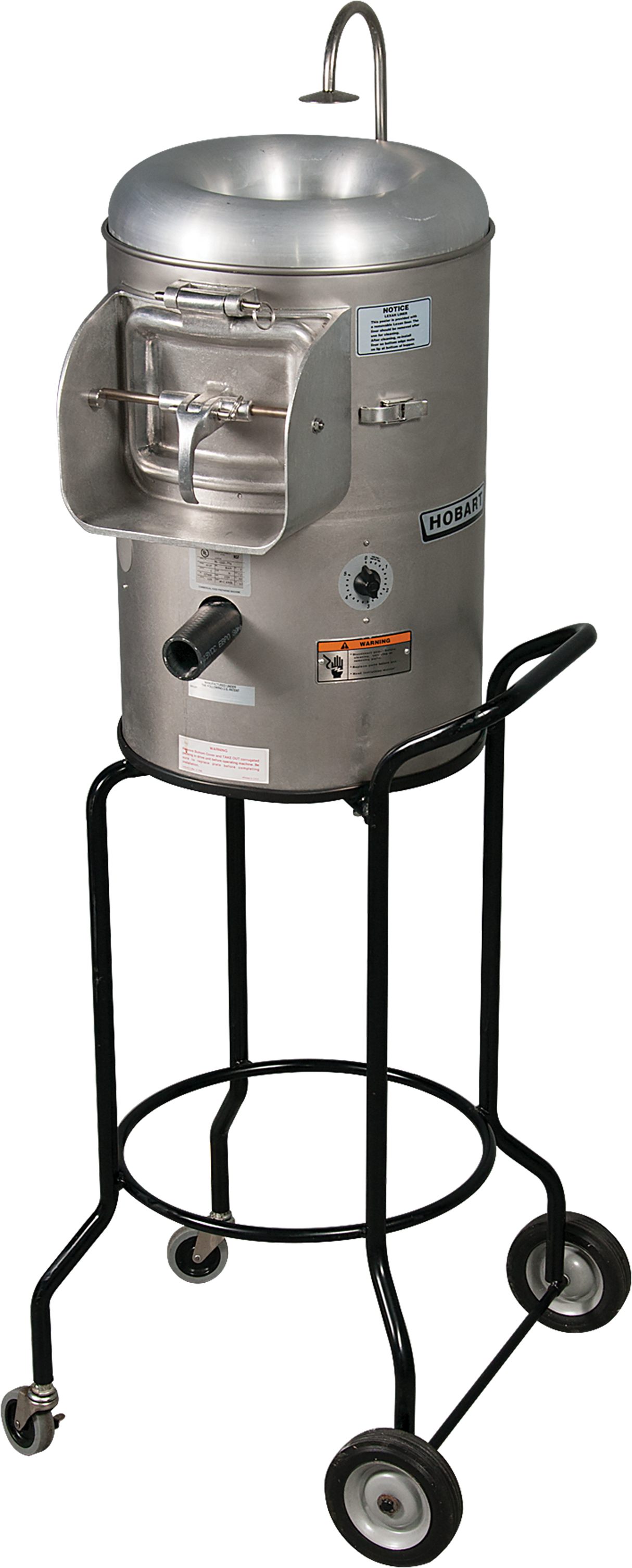 A large, cylindrical stainless steel Hobart-brand food processor or vegetable peeler sits on a black, portable stand with wheels. It features a side chute, top opening with a faucet, and several labels and dials on its body.
