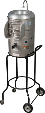 A large, cylindrical stainless steel Hobart-brand food processor or vegetable peeler sits on a black, portable stand with wheels. It features a side chute, top opening with a faucet, and several labels and dials on its body.