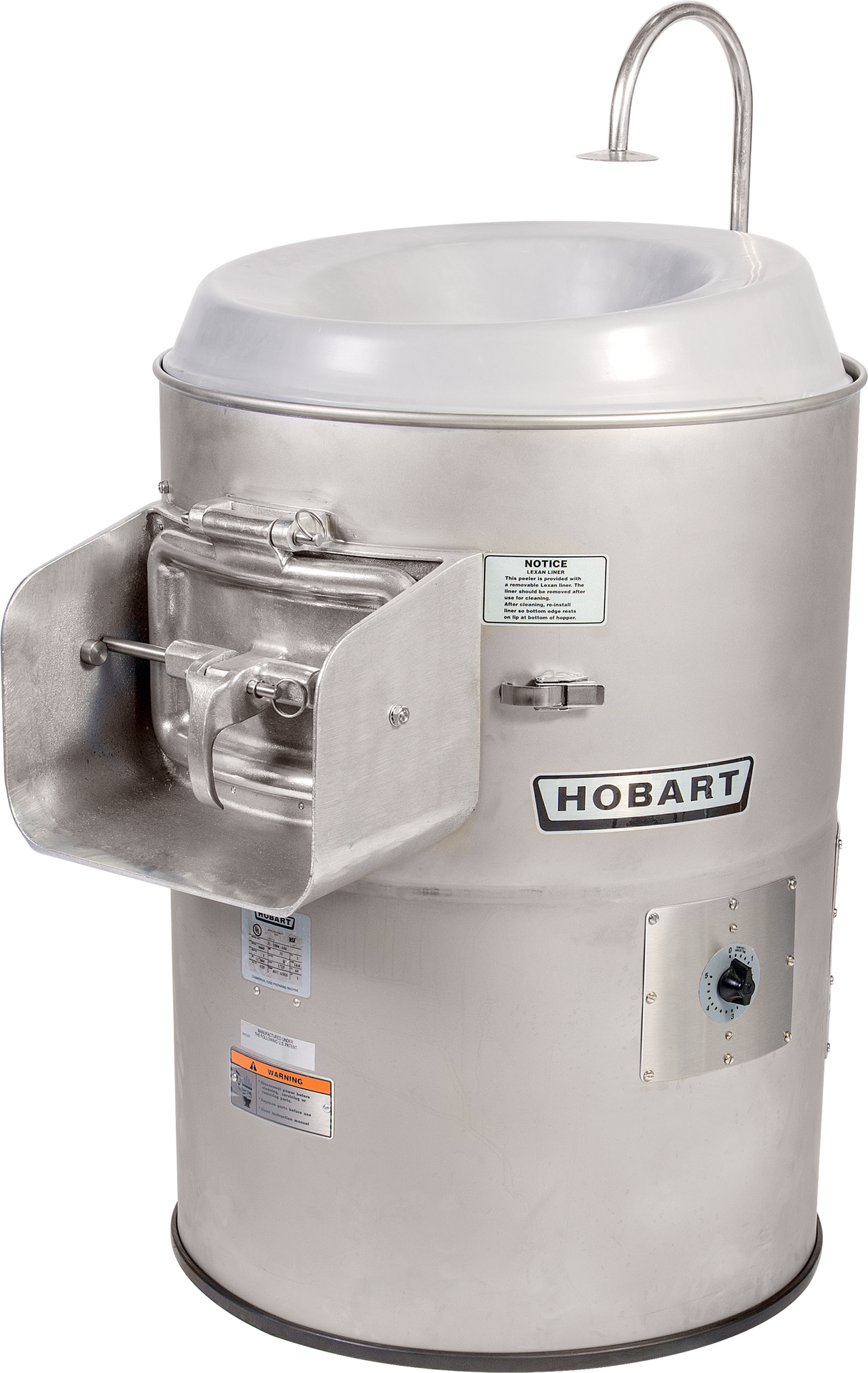 A large, industrial stainless steel Hobart 6430-3 Vegetable Peeler with a round top, side chute, control panel, and the Hobart brand name on the front. A metal pipe extends upward from the top and safety instruction labels are visible.