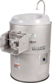 A large, industrial stainless steel Hobart 6430-13 Vegetable Peeler with a round top opening, spout, side lever, and labeled panels is used for peeling or washing up to 30-33 lb. potatoes in commercial kitchen settings.