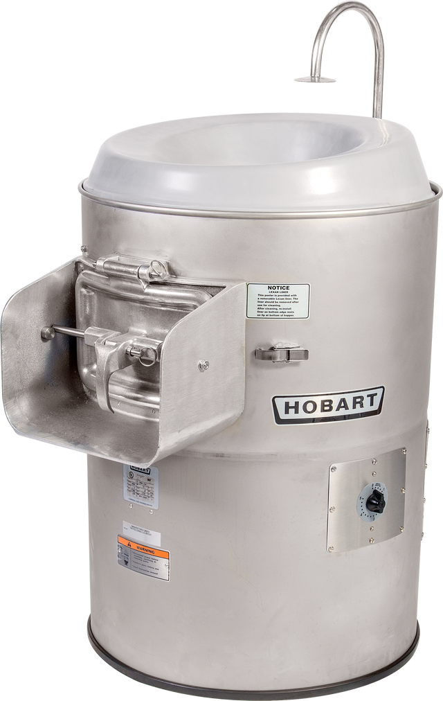 A large, industrial stainless steel Hobart 6430-13 Vegetable Peeler with a round top opening, spout, side lever, and labeled panels is used for peeling or washing up to 30-33 lb. potatoes in commercial kitchen settings.