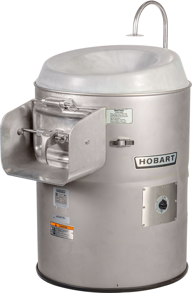 A Hobart 6460-15 commercial food processing machine, ideal as a vegetable peeler for 50-60 lb. potatoes, features a large stainless steel cylindrical body, bowl-shaped top, control dial, warning labels, and spout-like attachment on a white background.