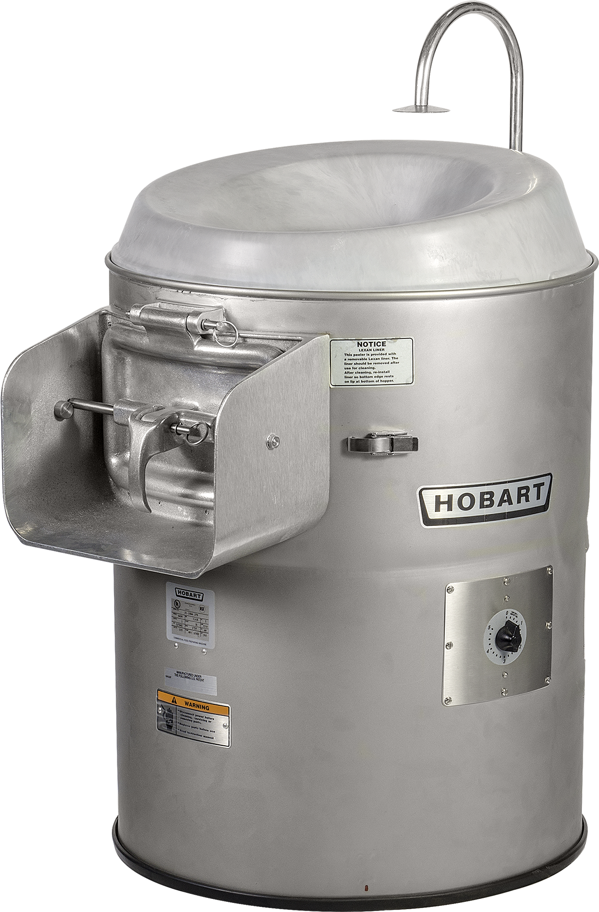 A stainless steel Hobart 6460-3 commercial potato peeler with a round bowl, faucet-like water pipe above, control dial, warning labels, and side chute for dispensing peeled food. The cylindrical machine features a prominent Hobart logo on the front.