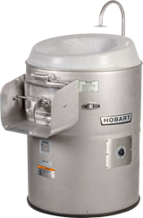 A stainless steel Hobart 6460-3 commercial potato peeler with a round bowl, faucet-like water pipe above, control dial, warning labels, and side chute for dispensing peeled food. The cylindrical machine features a prominent Hobart logo on the front.