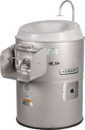 A stainless steel Hobart 6460-1 commercial food processor with a round basin, control dial, and spout. Featuring a side chute for dispensing, warning labels, and a smooth metallic exterior, this machine doubles as an efficient potato peeler for industrial kitchens.