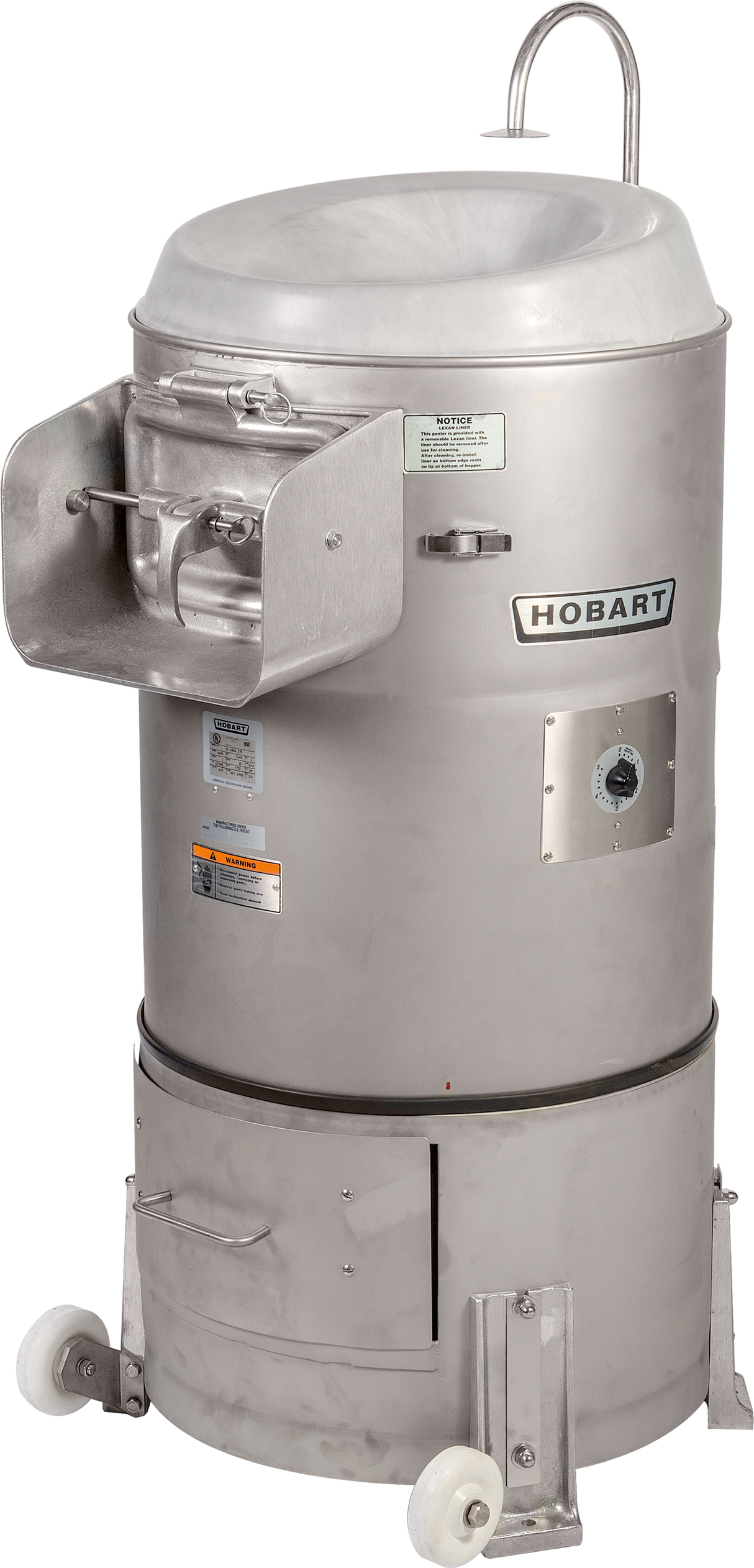 A large, cylindrical stainless steel Hobart 6460-15 commercial food processor and vegetable peeler with a side-mounted hopper door, control dial, safety notices, handles, and wheels—ideal for peeling 50-60 lb. potatoes at once.