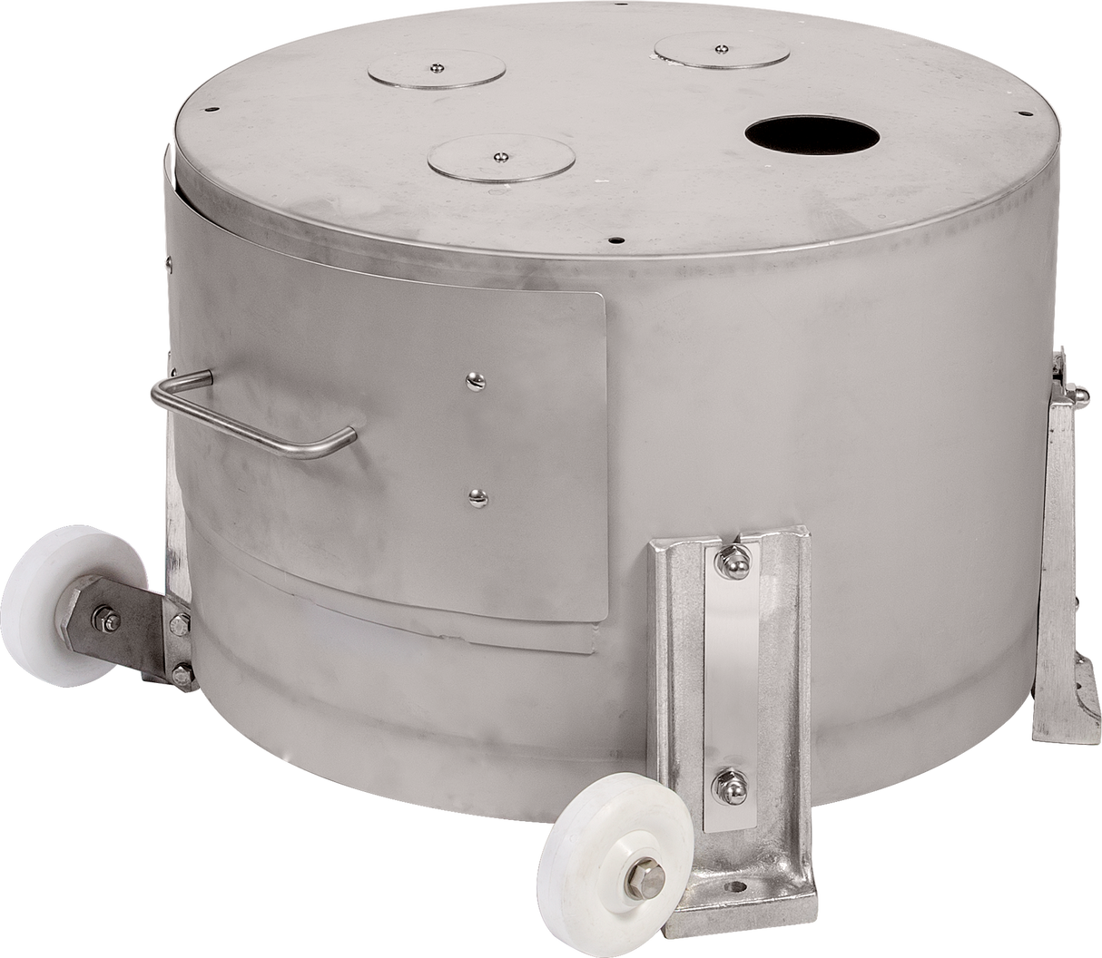 A round, stainless steel Hobart 6460-15 Vegetable Peeler with a flat top, small circular openings, and a side door. It has two white wheels and a metal handle for mobility, designed to peel 50-60 lb. potatoes efficiently.