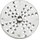 A round, flat metal disc with variously sized holes arranged in circular patterns. Designed for a Hobart FP250-1 Food Processor, this shiny disc features sharp perforations for slicing or grating and is perfect for continuous feed operation.