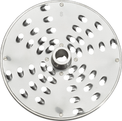 A round, shiny stainless steel shredder plate with evenly spaced, oval-shaped grater holes measuring 5/16 inch and a central raised hub for attaching to a food processor or similar appliance. The disc surface is highly reflective.