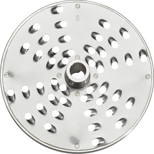 A round, shiny stainless steel shredder plate with evenly spaced, oval-shaped grater holes measuring 5/16 inch and a central raised hub for attaching to a food processor or similar appliance. The disc surface is highly reflective.